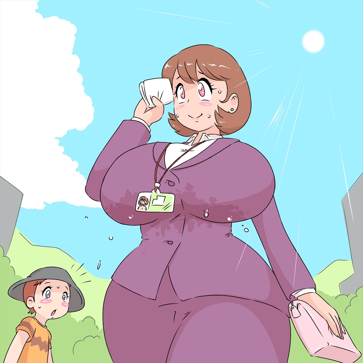 Midsummer lunchtime: The boy is on summer vacation. The lady is on her lunch break. page 1 full