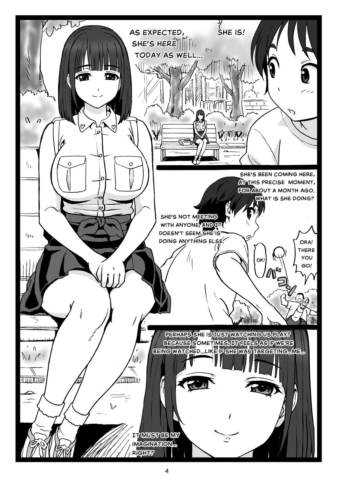 Kouen no Bench ni Suwatteru Kirei na Onee-san ga Boku ni "Ochinchin o Misete" to Itte Kuru no de... | A Pretty Onee-San, that's sitting on a Bench in the Park...suddenly says to Me: . page 4 full