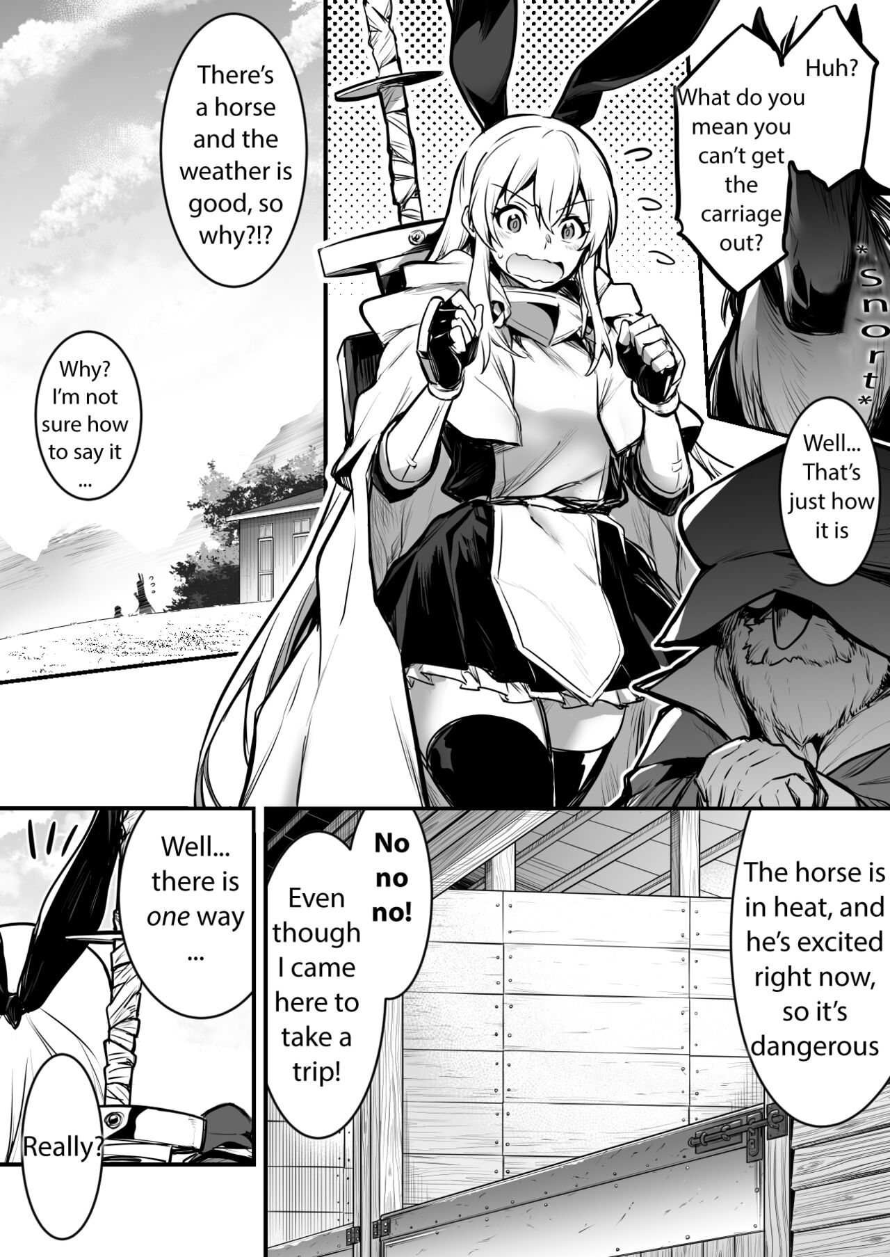 Bashauma ga Yokujou Shite shimai, Hassan Sasenai to Basha ga Denai node Gyosha ni Iwareru ga Mama Hassan Seseru Boukensha-chan | Adventure-chan helps the lustful horse cum so he'll carry her away page 1 full