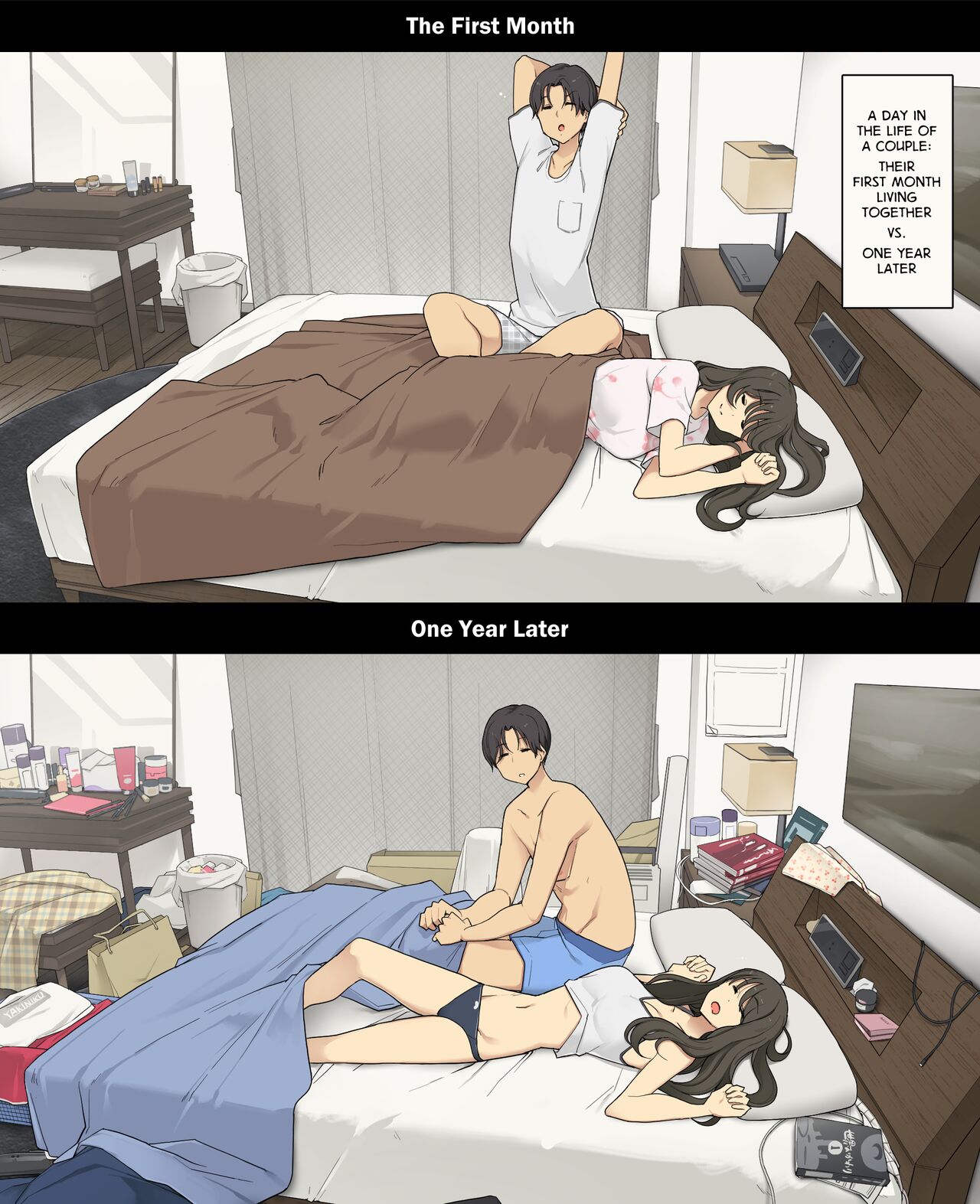 Dousei Seikatsu Ikkagetsume to Ichinen Ato, Asaokite kara Shuushin made no Hikaku | A Day in the Life of a Couple: Their First Month Living Together vs. One Year Later page 1 full