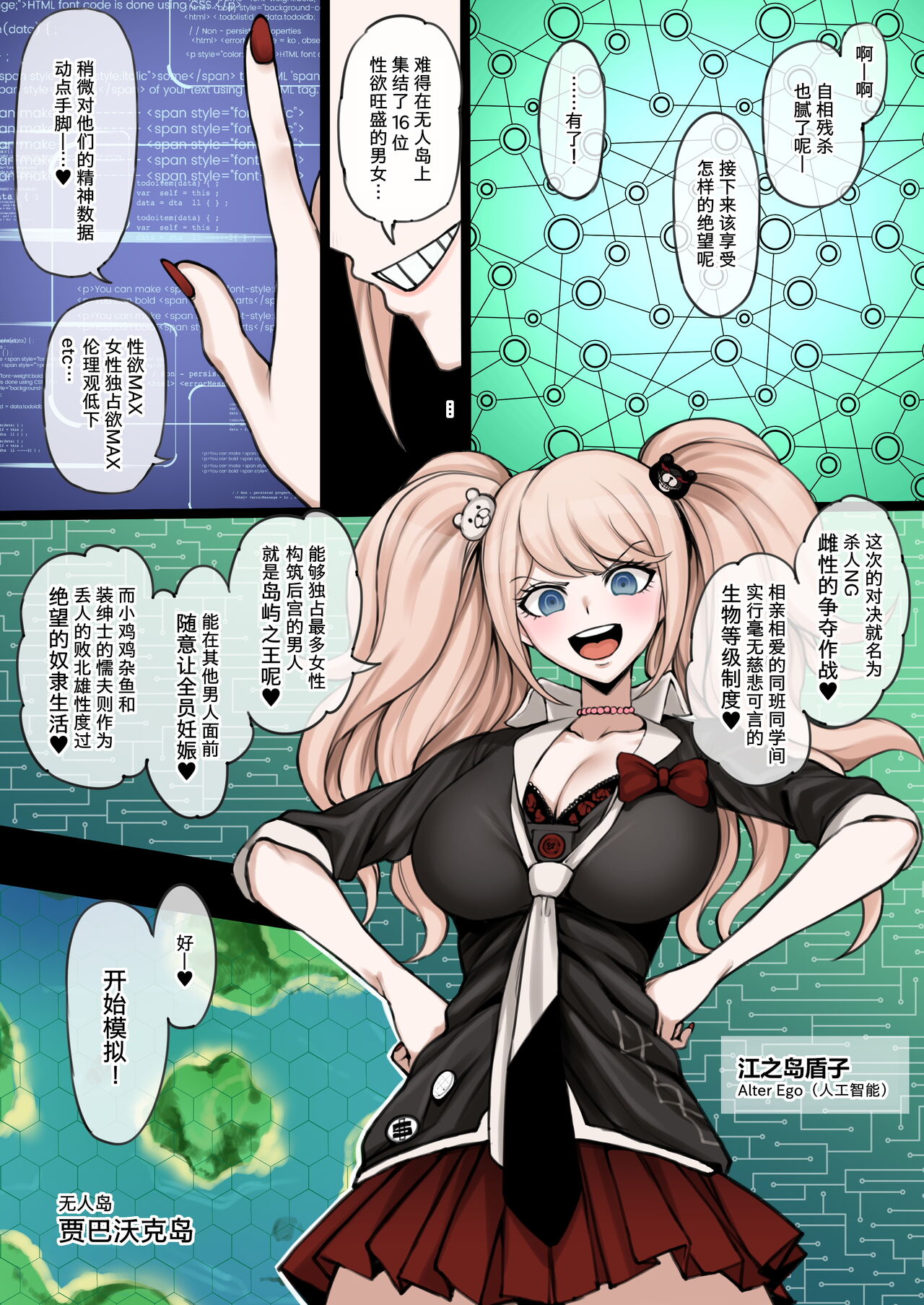 Kuzuryuu is defeated in the battle for the harem on the deserted island created by Enoshima Alter Ego, and is trained by Peko to become a female page 1 full
