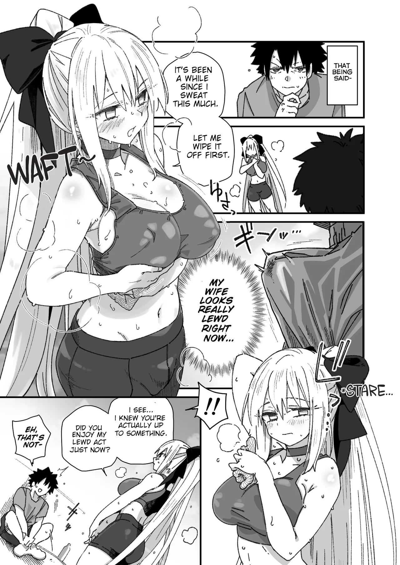 Morgan ga Otto to Issho ni Ase o Kaku Hon. | A Book about Morgan Getting Sweaty Together with Her Husband. page 5 full