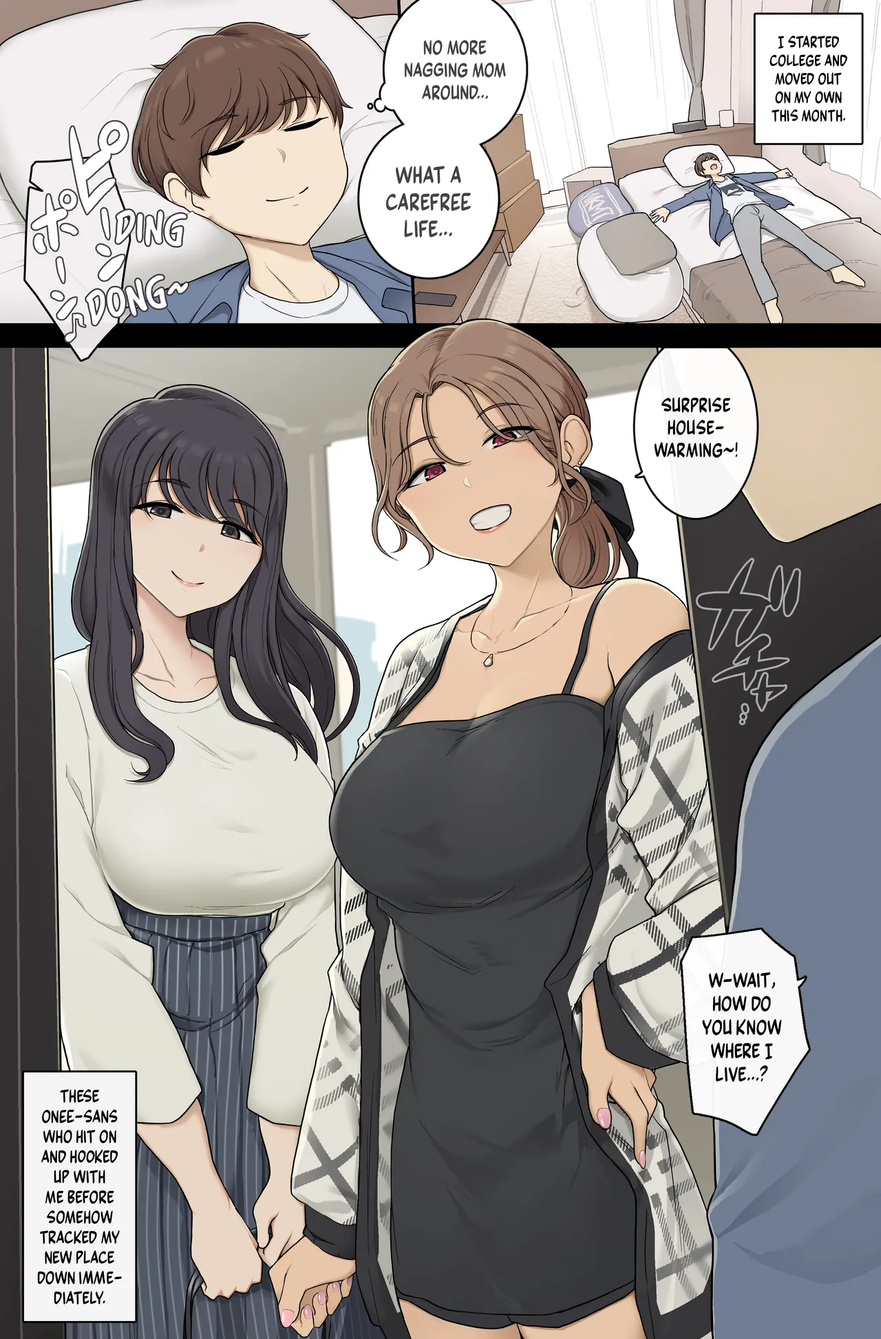 Keitai Choushin Onee-san-tachi ni Shinkyo o Yaribeya ni Sareru Hanashi | Tall, Busty Onee-sans Turn My New Place into Their Sex Room page 1 full